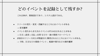 どのイベントを記録として残すか?
これ自体が、業務設計であり、システム設計である。
● リソースの発生・変更・消滅するところにはイベントがある
→ 変更履歴
● イベント発生からまた次のイベントが生み出されることがある
→ 注文→請求→支払→出荷 などの一連の業務フローイベント
● 非依存のリソース同士が関連付け/解消されるところにはイベントがある。
→ 予約、注文などの業務イベント ; 配属や割当などの操作履歴
 