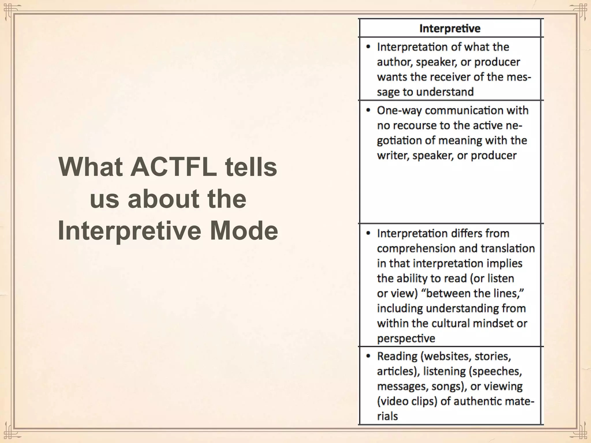 What ACTFL tells
us about the
Interpretive Mode
 