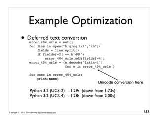 Example Optimization
             • Deferred text conversion
                       error_404_urls = set()
               ...