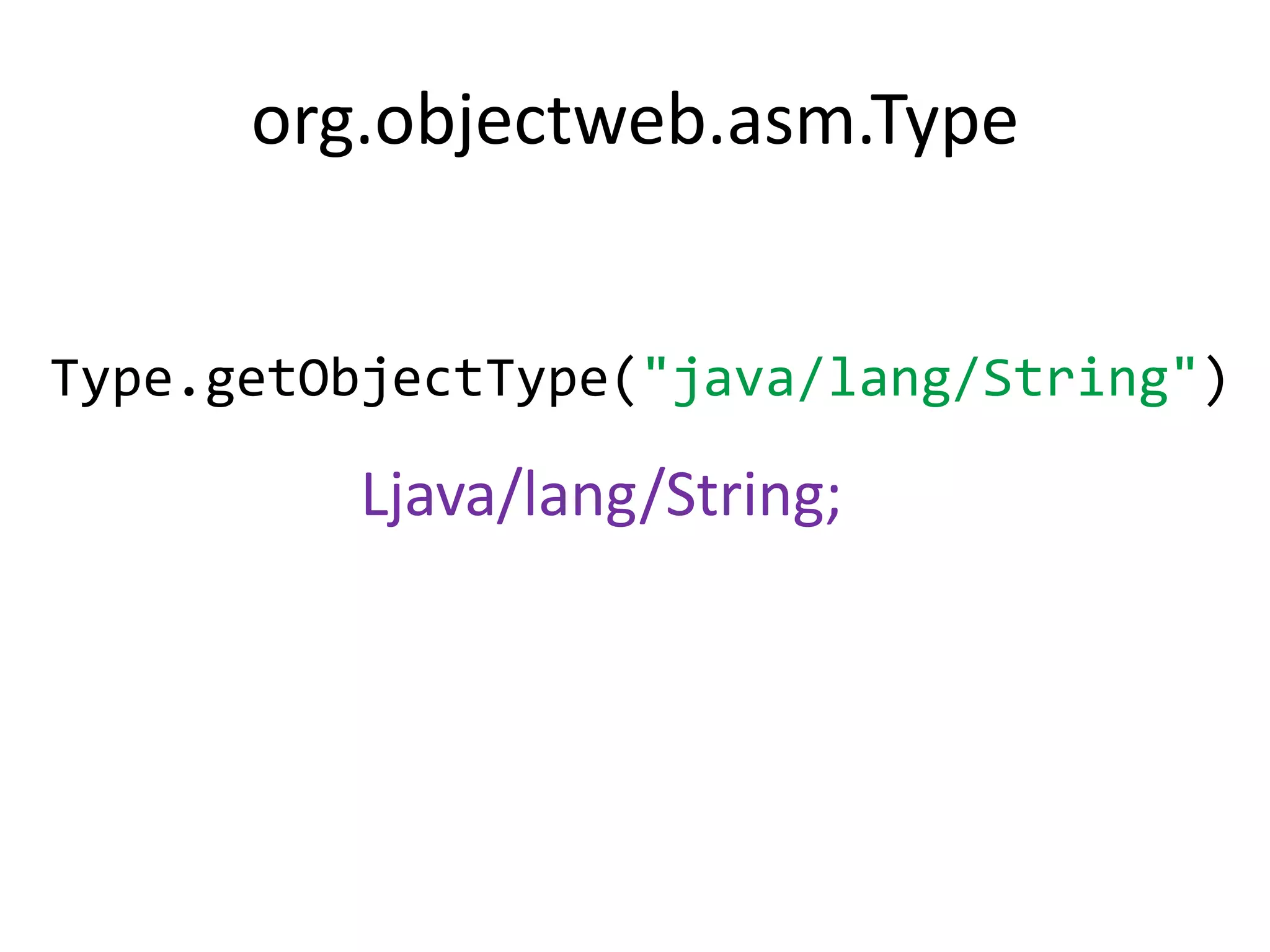 org.objectweb.asm.Type


Type.getObjectType("java/lang/String")

         Ljava/lang/String;
 