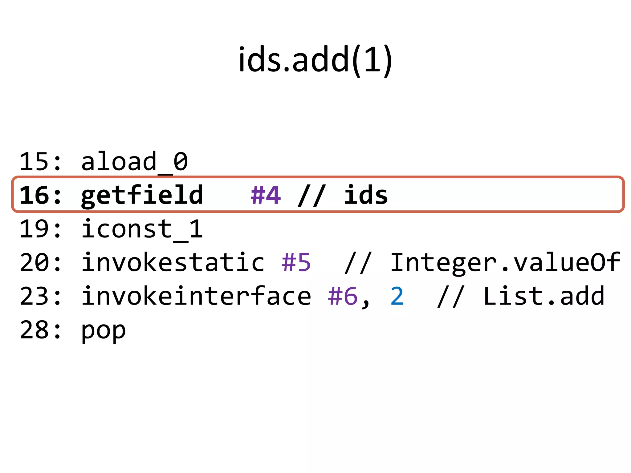 ids.add(1)

15:   aload_0
16:   getfield   #4 // ids
19:   iconst_1
20:   invokestatic #5 // Integer.valueOf
23:   invokeinterface #6, 2 // List.add
28:   pop
 
