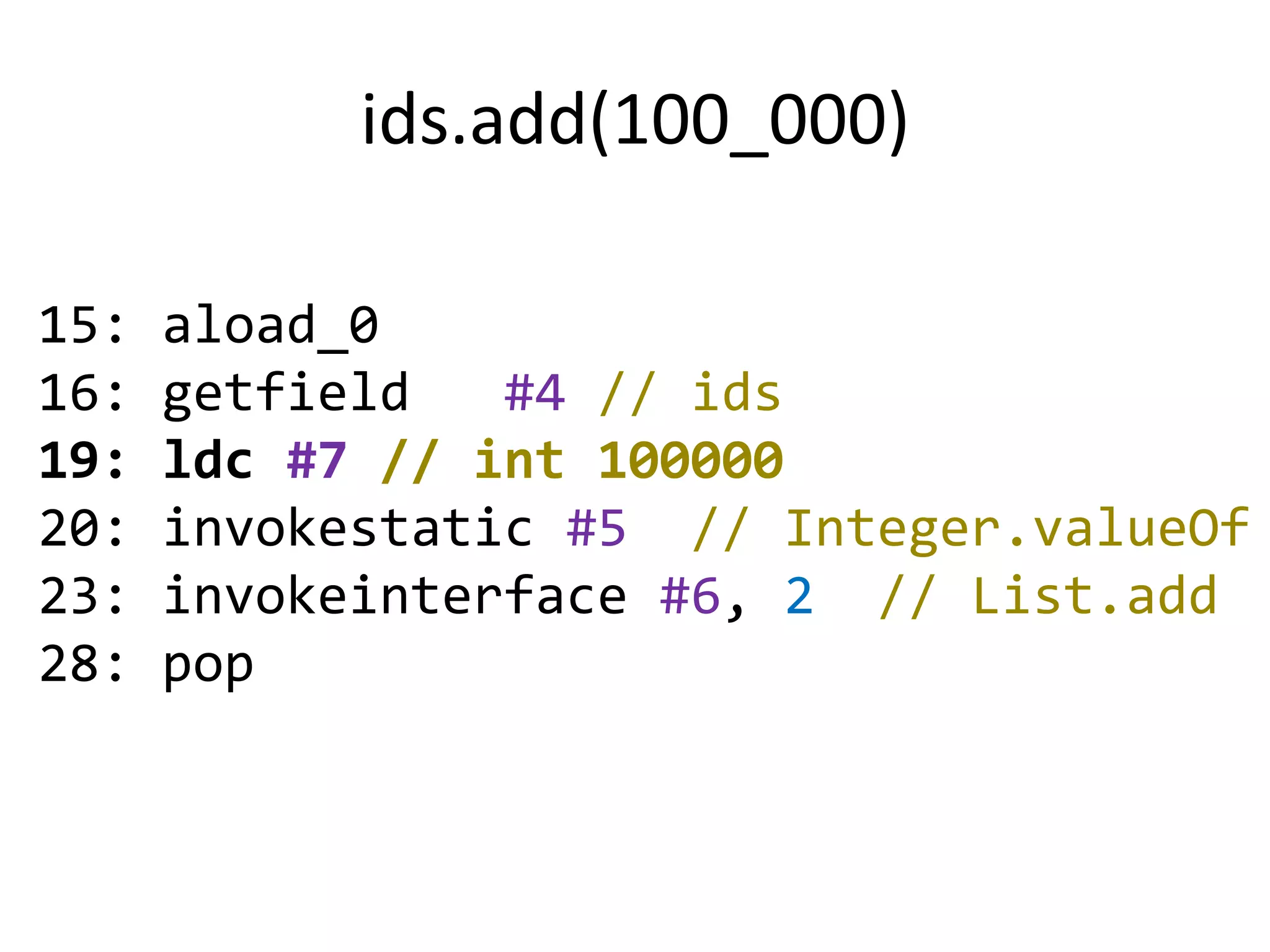 ids.add(100_000)

15:   aload_0
16:   getfield   #4 // ids
19:   ldc #7 // int 100000
20:   invokestatic #5 // Integer.valueOf
23:   invokeinterface #6, 2 // List.add
28:   pop
 