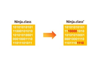 Ninja.class   Ninja.class’
10101010101   10101010101
11000101010   11100001010
10101010001   10101010001
00010001110   00010001110
11011101011   11011101110
 