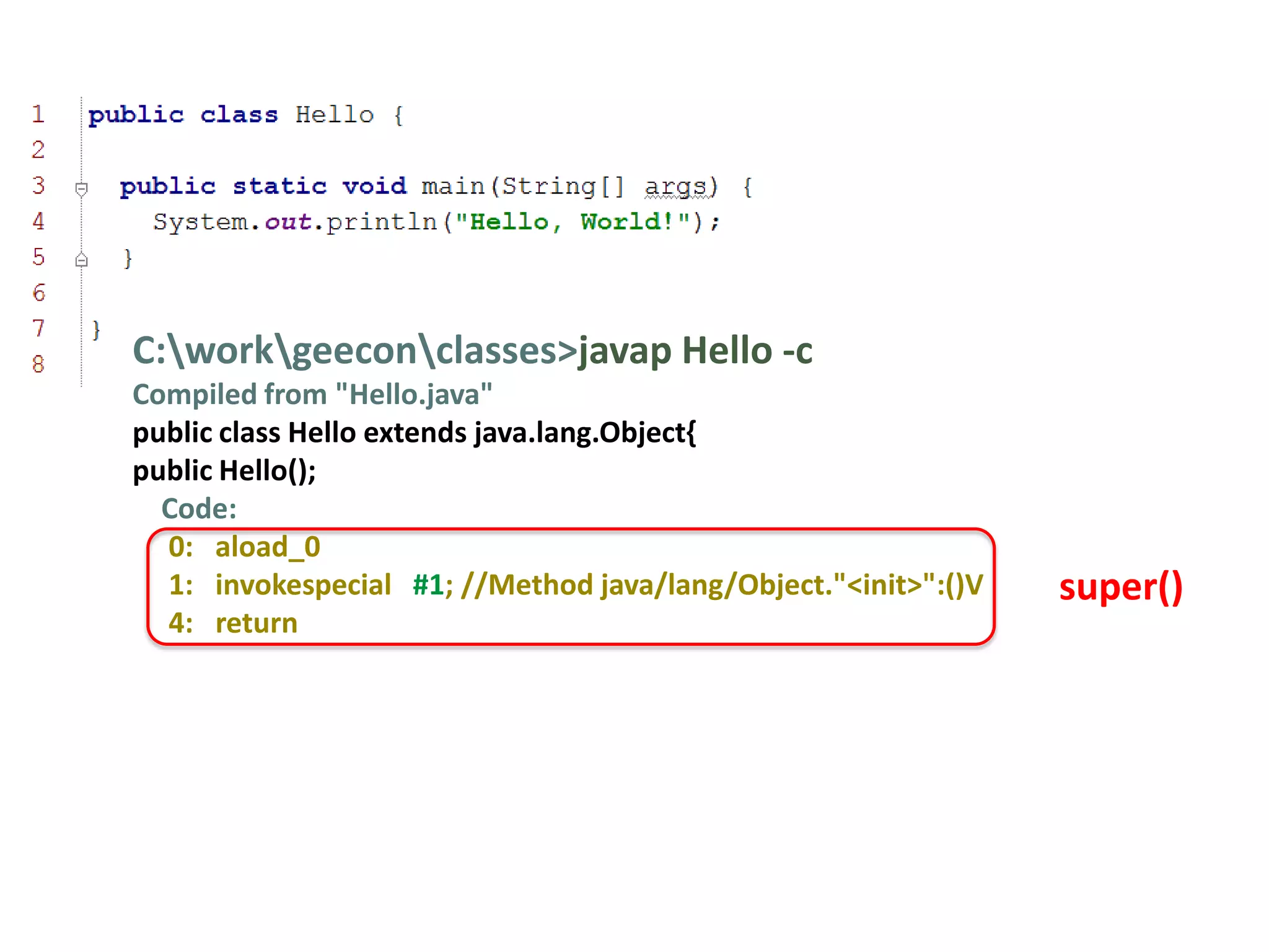 C:workgeeconclasses>javap Hello -c
Compiled from "Hello.java"
public class Hello extends java.lang.Object{
public Hello();
  Code:
  0: aload_0
  1: invokespecial #1; //Method java/lang/Object."<init>":()V   super()
  4: return
 