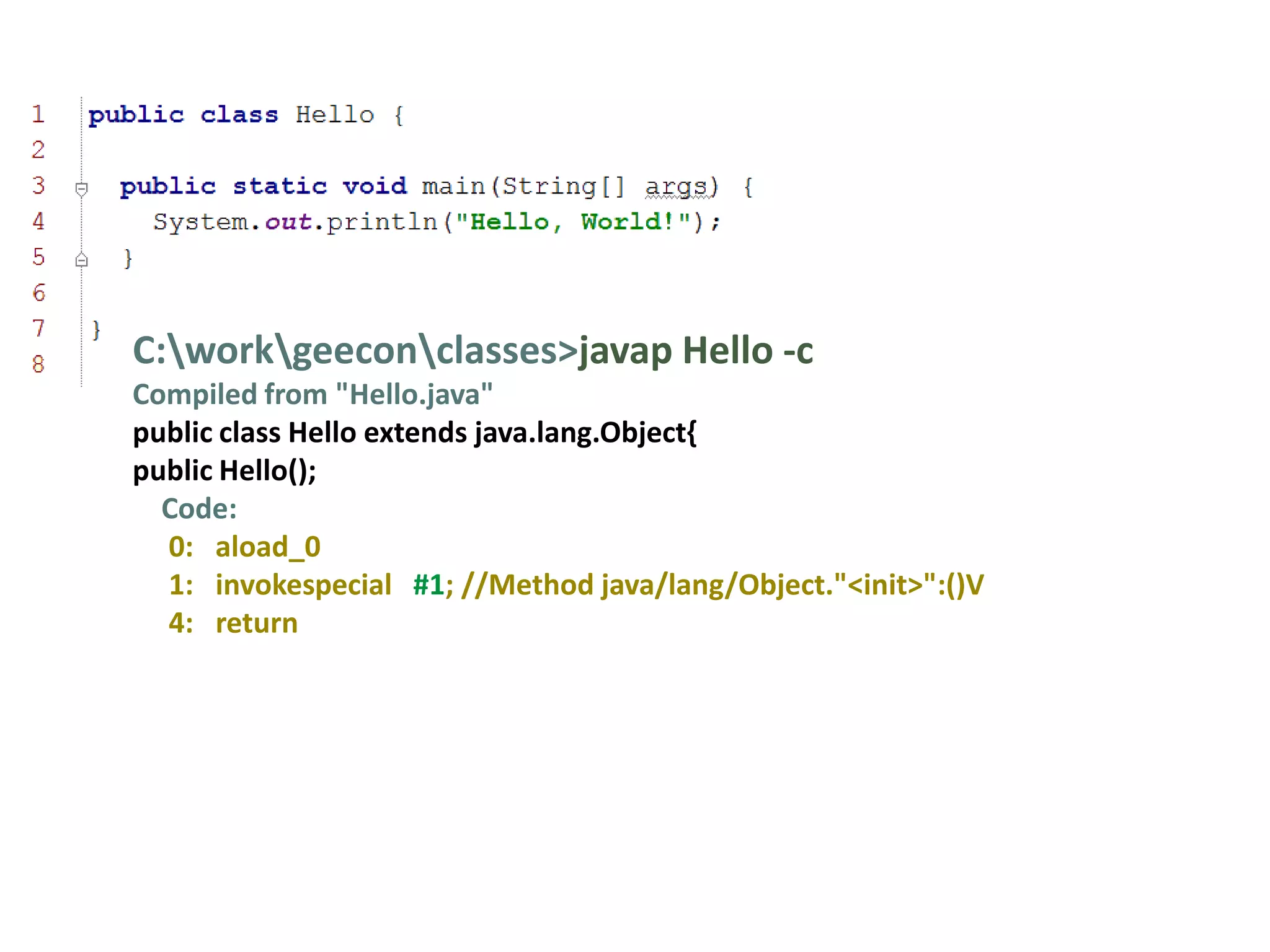 C:workgeeconclasses>javap Hello -c
Compiled from "Hello.java"
public class Hello extends java.lang.Object{
public Hello();
  Code:
  0: aload_0
  1: invokespecial #1; //Method java/lang/Object."<init>":()V
  4: return
 