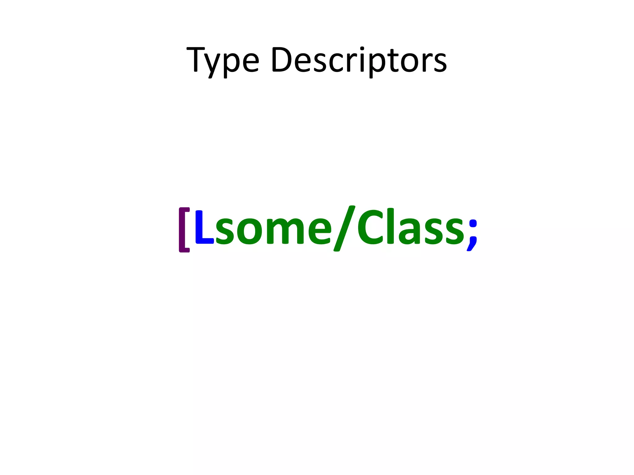 Type Descriptors



[Lsome/Class;
 