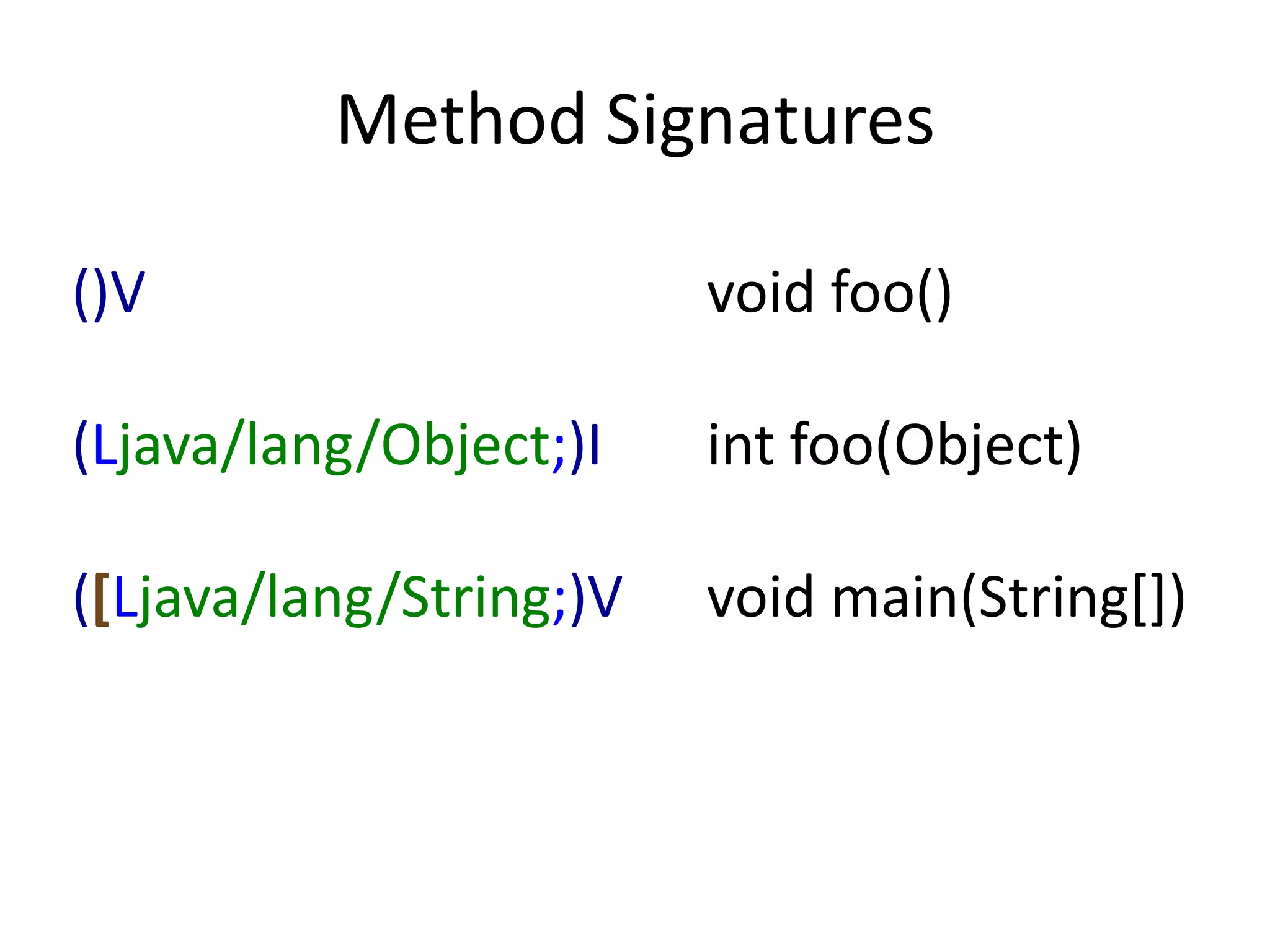 Method Signatures

()V                      void foo()

(Ljava/lang/Object;)I    int foo(Object)

([Ljava/lang/String;)V   void main(String[])
 
