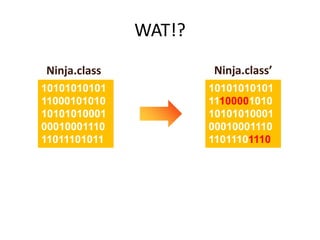 WAT!?
Ninja.class           Ninja.class’
10101010101           10101010101
11000101010           11100001010
10101010001           10101010001
00010001110           00010001110
11011101011           11011101110
 
