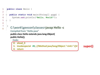C:workgeeconclasses>javap Hello -c
Compiled from "Hello.java"
public class Hello extends java.lang.Object{
public Hello();
  Code:
  0: aload_0
  1: invokespecial #1; //Method java/lang/Object."<init>":()V   super()
  4: return
 