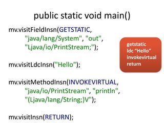public static void main()
mv.visitFieldInsn(GETSTATIC,
      "java/lang/System", "out",
                                          getstatic
      "Ljava/io/PrintStream;");           ldc “Hello”
                                          invokevirtual
mv.visitLdcInsn("Hello");                 return


mv.visitMethodInsn(INVOKEVIRTUAL,
      "java/io/PrintStream", "println",
      "(Ljava/lang/String;)V");

mv.visitInsn(RETURN);
 