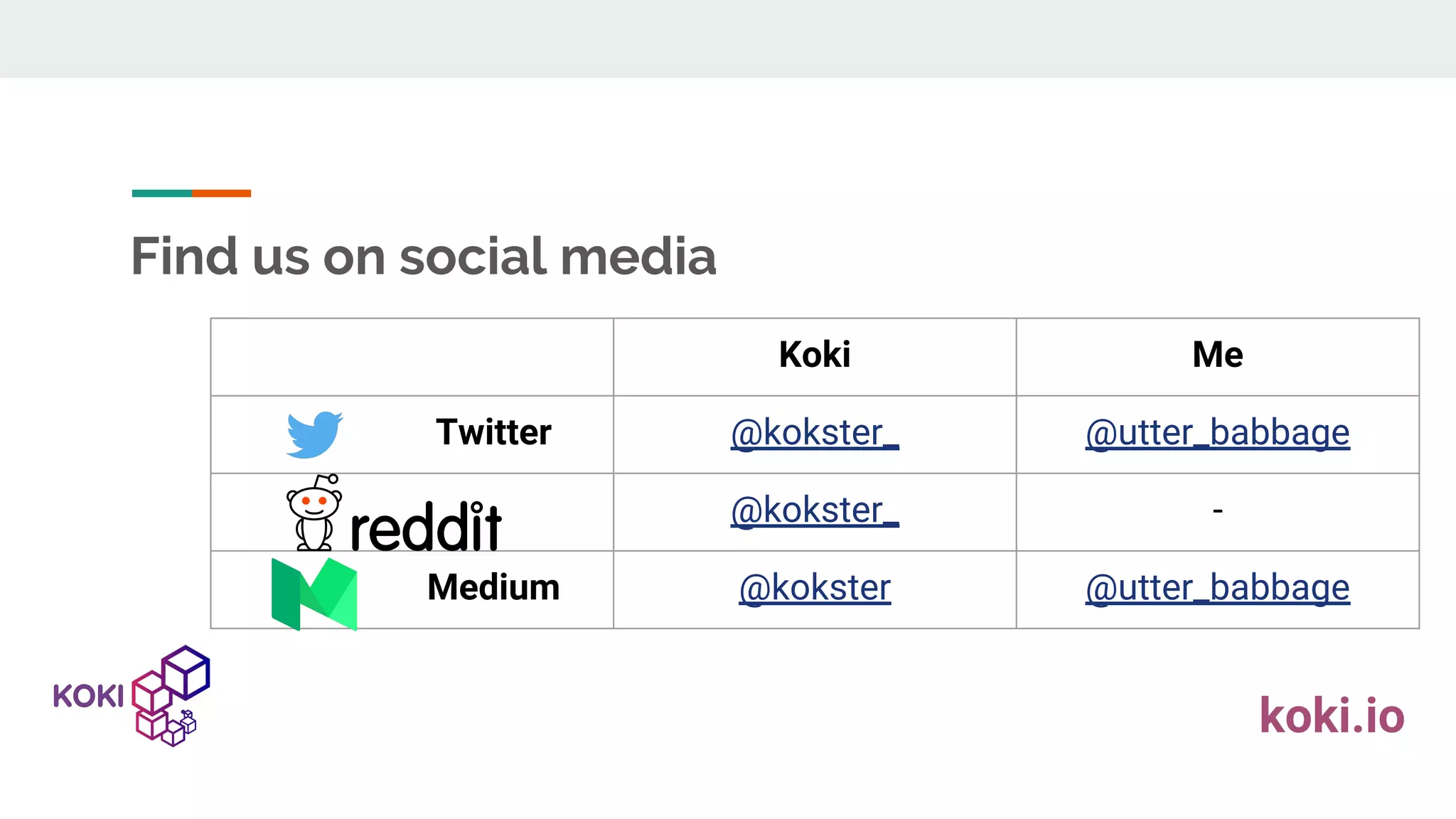 Koki Me Twitter @kokster_ @utter_babbage @kokster_ - Medium @kokster @utter_babbage Find us on social media koki.io 