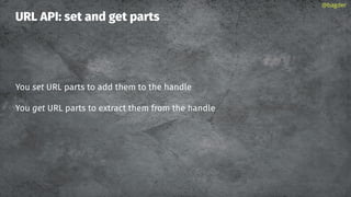 URL API: set and get parts
You set URL parts to add them to the handle
You get URL parts to extract them from the handle
@bagder
 
