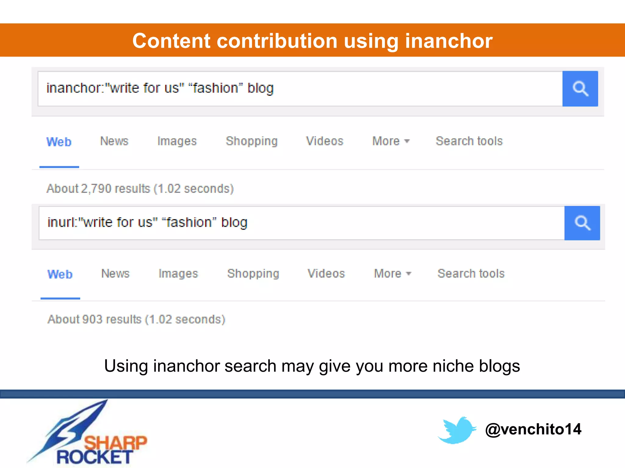 @venchito14
Content contribution using inanchor
Using inanchor search may give you more niche blogs
 