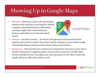 Web Savvy Marketing & iThemes Media LLC Copyright © 2016, All Rights Reserved
ü  Relevance - Relevance is how well a local listing
matches what someone is searching for. Adding
complete and detailed business information
can help Google better understand your
business and match you to relevant search
results.
ü  Distance - Just like it sounds — how far is each potential search result from the
location term used in a search? If you don’t specify a location in your search, Google
will calculate distance based on what it knows about your location.
ü  Prominence - This describes how well-known or prominent a business can be. This is
based on information Google has about a business from across the web (like links,
articles, and directories). Some places are more prominent in the oﬄine world, and
Google will try to reﬂect this online as well.
 