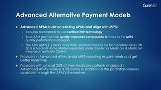 Advanced Alternative Payment Models
 Advanced APMs build on existing APMs and align with MIPS:
 Requires participants to use certified EHR technology
 Base APM payment on quality measures comparable to those in the MIPS
quality performance category
 The APM entity (1) bears more than nominal financial risk for monetary losses OR
(2) is a Medical Home Model expanded under Center for Medicare & Medicaid
Innovation authority (CMMI)
 Providers in Advanced APMs avoid MIPS reporting requirements and get
better incentives
 Providers with at least 25% of their Medicare patients engaged in
Advanced APMs receive a 5% bonus in addition to the potential bonuses
available through the APM’s themselves
 