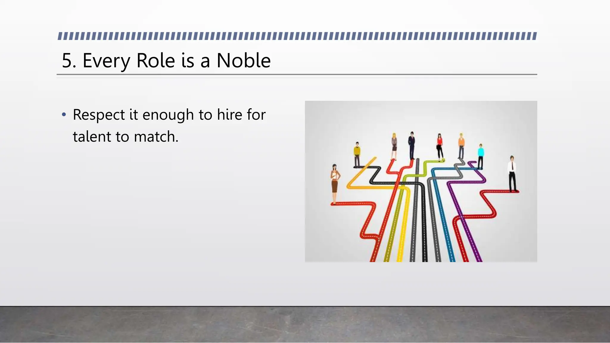 5. Every Role is a Noble
• Respect it enough to hire for
talent to match.
 