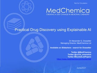 Exploiting medicinal chemistry knowledge to accelerate projects June 2021
June2021
Not for Circulation
Practical Drug Discovery using Explainable AI
Dr Alexander G. Dossetter
Managing Director, MedChemica Ltd
Available on Slideshere - search for Dossetter
Twitter @MedChemica
Twitter @covid_moonshot
Twitter #BucketListPapers
https://www.medchemica.com/bucket-list/
 