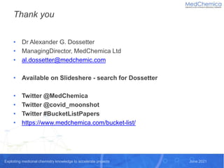 Exploiting medicinal chemistry knowledge to accelerate projects June 2021
• Dr Alexander G. Dossetter
• ManagingDirector, MedChemica Ltd
• al.dossetter@medchemic.com
• Available on Slideshere - search for Dossetter
• Twitter @MedChemica
• Twitter @covid_moonshot
• Twitter #BucketListPapers
• https://www.medchemica.com/bucket-list/
Thank you
 