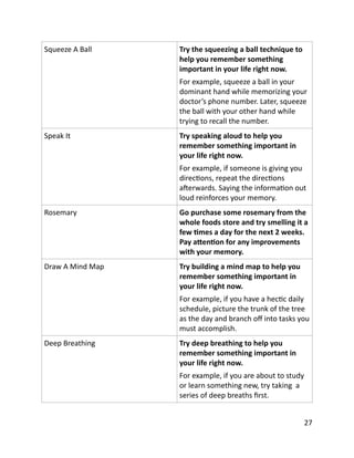 Squeeze	
  A	
  Ball Try	
  the	
  squeezing	
  a	
  ball	
  technique	
  to	
  
help	
  you	
  remember	
  something	
  
important	
  in	
  your	
  life	
  right	
  now.	
  	
  
For	
  example,	
  squeeze	
  a	
  ball	
  in	
  your	
  
dominant	
  hand	
  while	
  memorizing	
  your	
  
doctor’s	
  phone	
  number.	
  Later,	
  squeeze	
  
the	
  ball	
  with	
  your	
  other	
  hand	
  while	
  
trying	
  to	
  recall	
  the	
  number.
Speak	
  It Try	
  speaking	
  aloud	
  to	
  help	
  you	
  
remember	
  something	
  important	
  in	
  
your	
  life	
  right	
  now.	
  	
  
For	
  example,	
  if	
  someone	
  is	
  giving	
  you	
  
direcBons,	
  repeat	
  the	
  direcBons	
  
aXerwards.	
  Saying	
  the	
  informaBon	
  out	
  
loud	
  reinforces	
  your	
  memory.
Rosemary Go	
  purchase	
  some	
  rosemary	
  from	
  the	
  
whole	
  foods	
  store	
  and	
  try	
  smelling	
  it	
  a	
  
few	
  Ymes	
  a	
  day	
  for	
  the	
  next	
  2	
  weeks.	
  
Pay	
  a`enYon	
  for	
  any	
  improvements	
  
with	
  your	
  memory.
Draw	
  A	
  Mind	
  Map Try	
  building	
  a	
  mind	
  map	
  to	
  help	
  you	
  
remember	
  something	
  important	
  in	
  
your	
  life	
  right	
  now.	
  	
  
For	
  example,	
  if	
  you	
  have	
  a	
  hecBc	
  daily	
  
schedule,	
  picture	
  the	
  trunk	
  of	
  the	
  tree	
  
as	
  the	
  day	
  and	
  branch	
  oﬀ	
  into	
  tasks	
  you	
  
must	
  accomplish.
Deep	
  Breathing Try	
  deep	
  breathing	
  to	
  help	
  you	
  
remember	
  something	
  important	
  in	
  
your	
  life	
  right	
  now.	
  	
  
For	
  example,	
  if	
  you	
  are	
  about	
  to	
  study	
  
or	
  learn	
  something	
  new,	
  try	
  taking	
  	
  a	
  
series	
  of	
  deep	
  breaths	
  ﬁrst.
	
  27
 