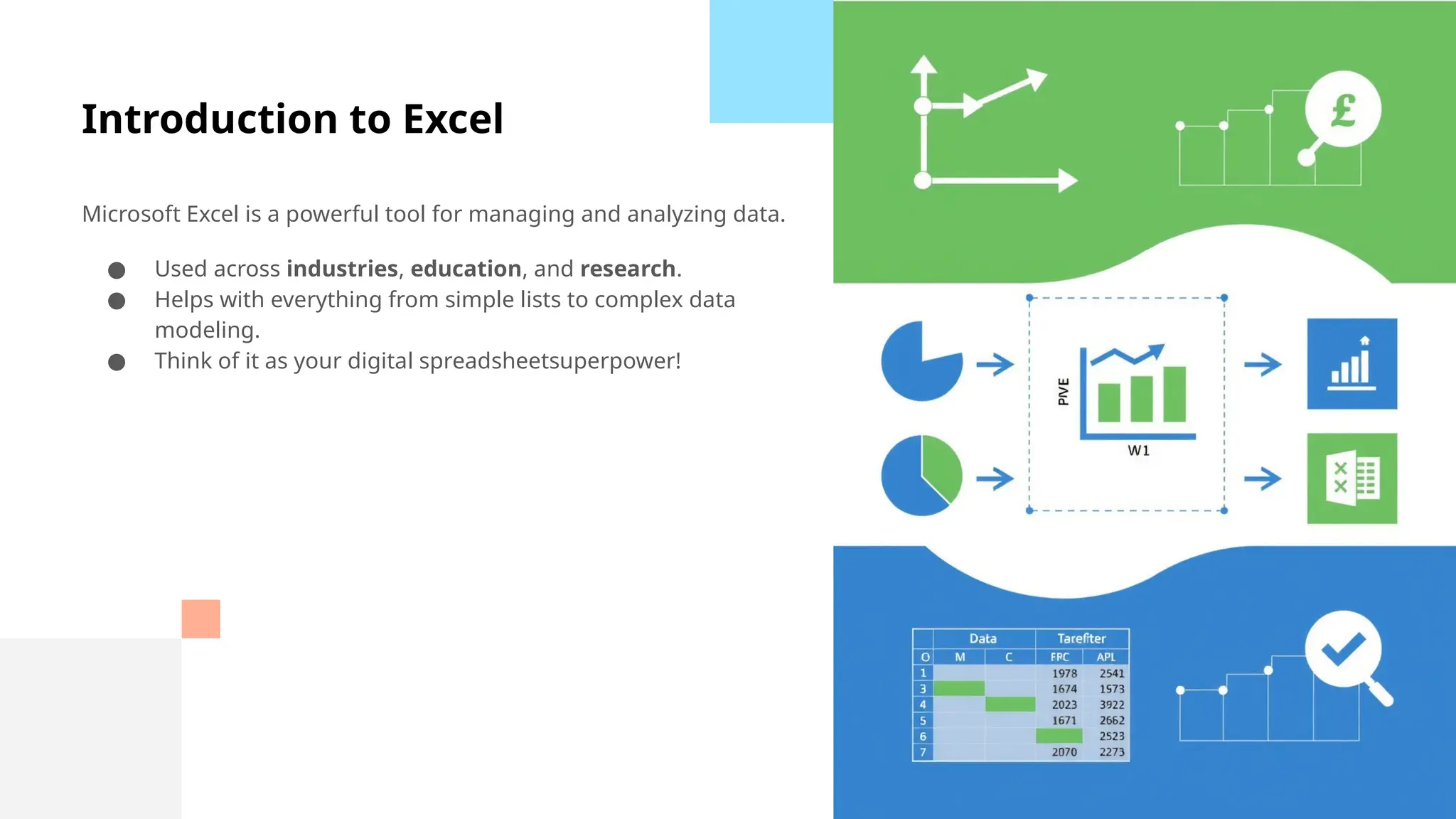 Introduction to Excel
Microsoft Excel is a powerful tool for managing and analyzing data.
● Used across industries, education, and research.
● Helps with everything from simple lists to complex data
modeling.
● Think of it as your digital spreadsheetsuperpower!
 