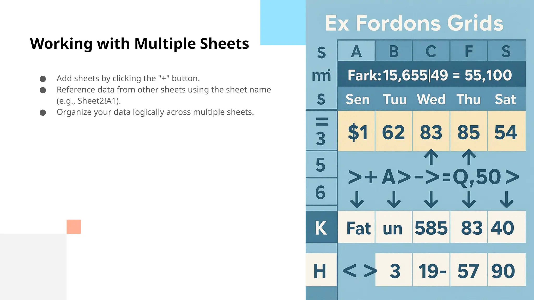 Working with Multiple Sheets
● Add sheets by clicking the "+" button.
● Reference data from other sheets using the sheet name
(e.g., Sheet2!A1).
● Organize your data logically across multiple sheets.
 