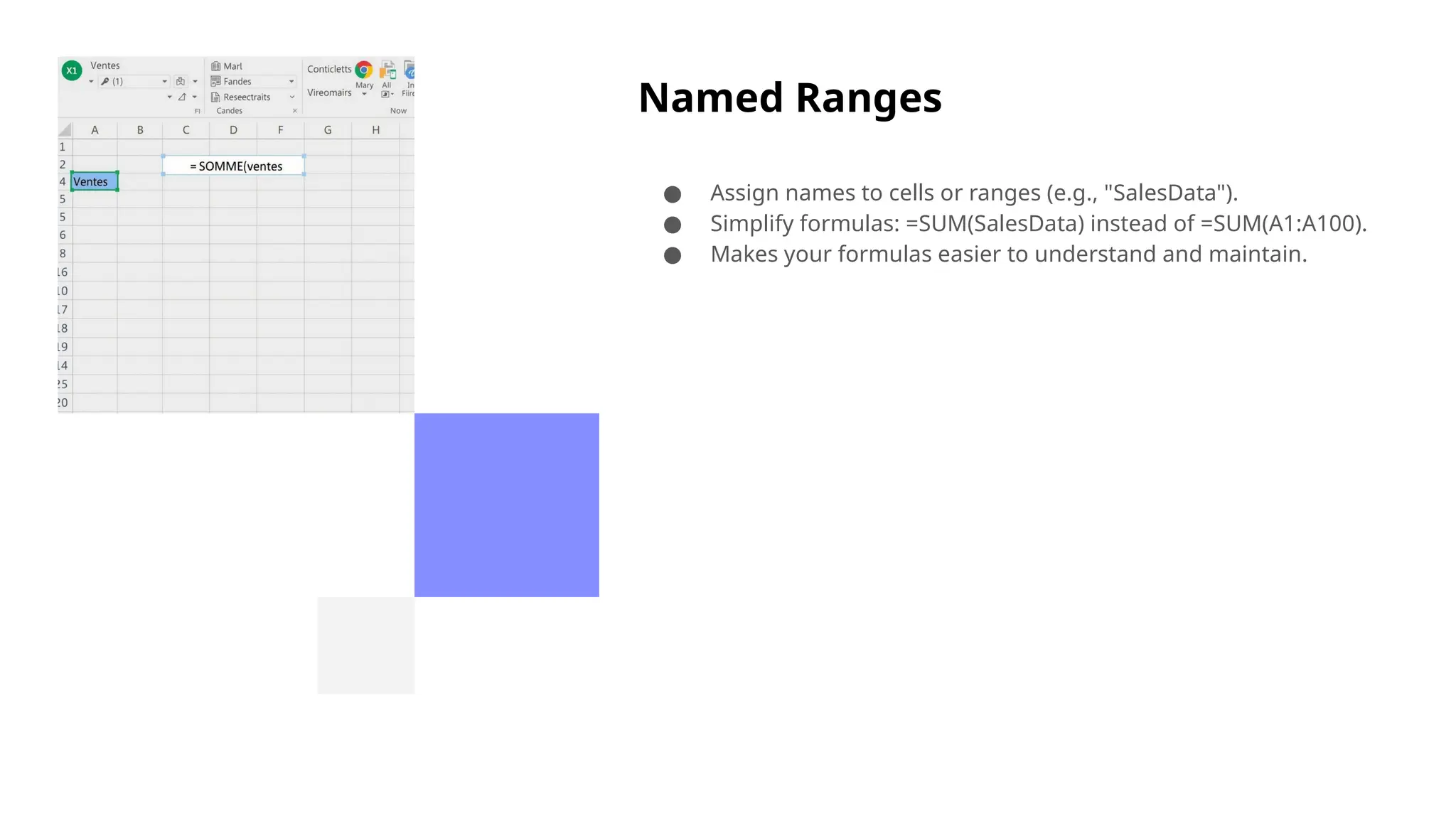 Named Ranges
● Assign names to cells or ranges (e.g., "SalesData").
● Simplify formulas: =SUM(SalesData) instead of =SUM(A1:A100).
● Makes your formulas easier to understand and maintain.
 