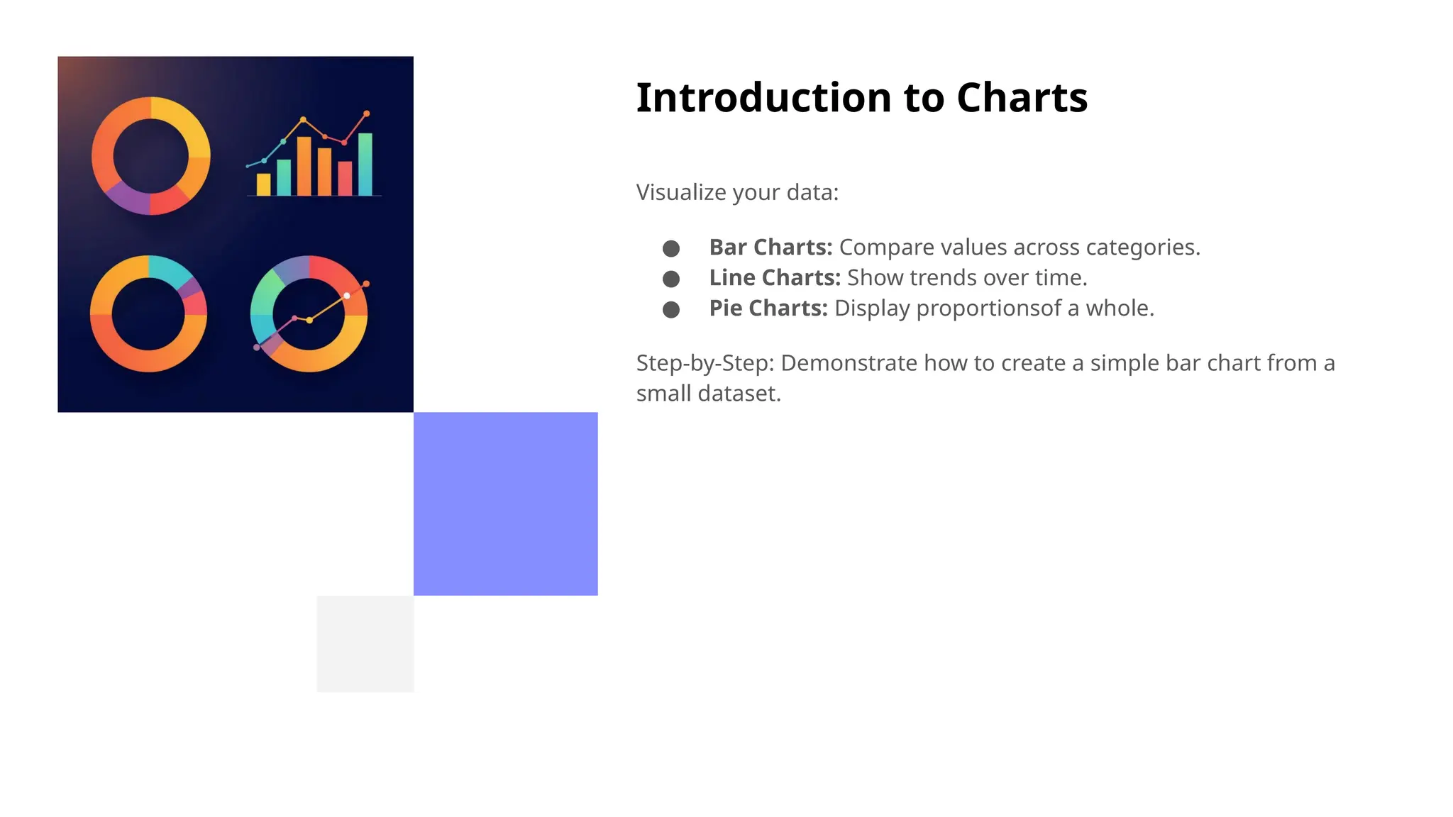 Introduction to Charts
Visualize your data:
● Bar Charts: Compare values across categories.
● Line Charts: Show trends over time.
● Pie Charts: Display proportionsof a whole.
Step-by-Step: Demonstrate how to create a simple bar chart from a
small dataset.
 