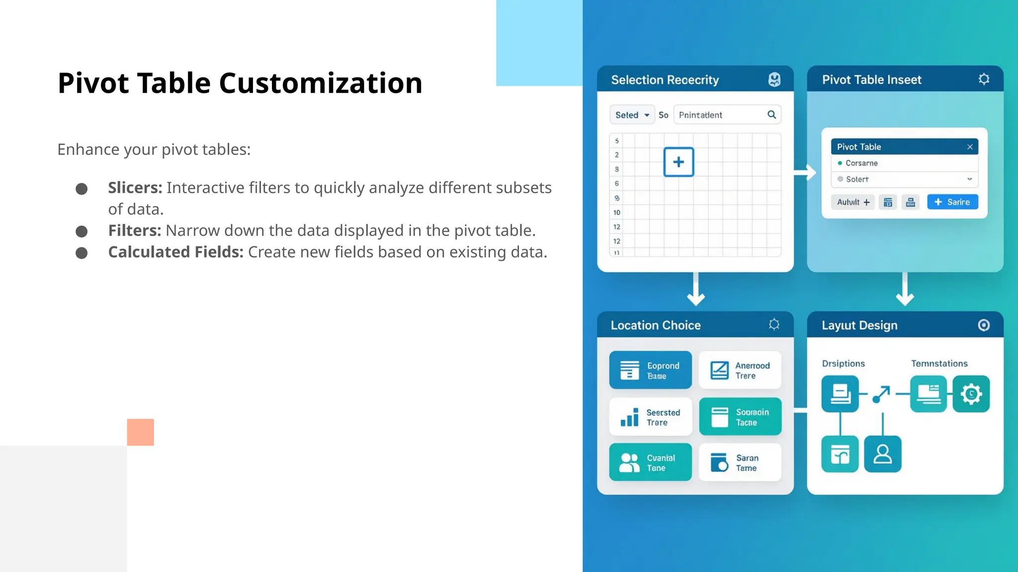 Pivot Table Customization
Enhance your pivot tables:
● Slicers: Interactive filters to quickly analyze different subsets
of data.
● Filters: Narrow down the data displayed in the pivot table.
● Calculated Fields: Create new fields based on existing data.
 