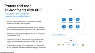 Classified as Microsoft Confidential
Microsoft Sentinel
Microsoft 365 Defender Microsoft Defender for Cloud
Endpoints Identities Cloud apps
Email Docs IoT
Protect end-user
environments with XDR
Stop attacks and coordinate
response across digital assets
 