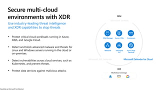 Classified as Microsoft Confidential
Microsoft Sentinel
Microsoft 365 Defender Microsoft Defender for Cloud
SQL/Storage Server VMs Containers
Network Industrial
IoT
Azure App
Services
Secure multi-cloud
environments with XDR
Use industry-leading threat intelligence
and XDR capabilities to stop threats
 