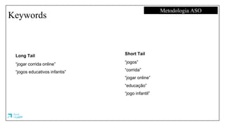 Keywords
Metodologia ASO
Long Tail
“jogar corrida online”
“jogos educativos infantis”
Short Tail
“jogos”
“corrida”
“jogar online”
“educação”
“jogo infantil”
 