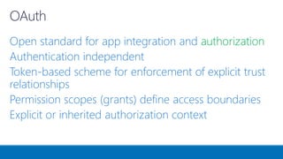 Open standard for app integration and authorization
Authentication independent
Token-based scheme for enforcement of explicit trust
relationships
Permission scopes (grants) define access boundaries
Explicit or inherited authorization context
 