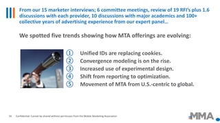 From our 15 marketer interviews; 6 committee meetings, review of 19 RFI’s plus 1.6
discussions with each provider, 10 discussions with major academics and 100+
collective years of advertising experience from our expert panel…
Confidential: Cannot be shared without permission from the Mobile Marketing Association16
We spotted five trends showing how MTA offerings are evolving:
① Unified IDs are replacing cookies.
② Convergence modeling is on the rise.
③ Increased use of experimental design.
④ Shift from reporting to optimization.
⑤ Movement of MTA from U.S.-centric to global.
 
