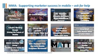 SMoX
Mobile ROI
Research
MMA: Supporting marketer success in mobile – ask for help
Confidential: Cannot be shared without permission from the Mobile Marketing Association
 
