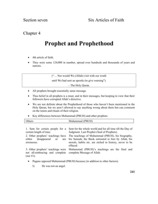 Section seven Six Articles of Faith
Chapter 4
Prophet and Prophethood
• 4th article of faith.
• They were some 124,000 in number, spread over hundreds and thousands of years and
nations.
(“… Nor would We (Allah) visit with our wrath
until We had sent an apostle (to give warning”).
– The Holy Quran.
• All prophets brought essentially same message.
• Thus belief in all prophets is a must, and in their messages, but keeping in view that their
followers have corrupted Allah’s directive.
• We are not definite about the Prophethood of those who haven’t been mentioned in the
Holy Quran, but we aren’t allowed to say anything wrong about them but can comment
on the tenets and rituals of their religion.
• Key differences between Muhammad (PBUH) and other prophets:
Others Muhammad (PBUH)
1. Sent for certain people for a
certain length of time.
Sent for the whole world and for all time till the Day of
Judgment. Last Prophet (Seal of Prophets).
2. Other prophets’ teachings have
either disappeared or are
erroneous.
The teachings of Muhammad (PBUH), his biography,
his Sunnah, the Book entrusted to him by Allah, his
morals, habits etc. are etched in history, never to be
effaced.
3. Other prophets’ teachings were
not all-embracing and complete
(see #1).
Muhammad (PBUH)’s teachings are the final and
complete Message of Allah.
• Pagans opposed Muhammad (PBUH) because (in addition to other factors):
I) He was not an angel.
241
 