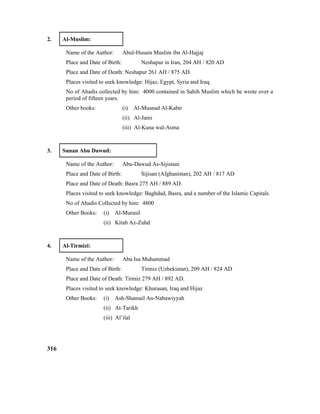 2. Al-Muslim:
Name of the Author: Abul-Husain Muslim ibn Al-Hajjaj
Place and Date of Birth: Neshapur in Iran, 204 AH / 820 AD
Place and Date of Death: Neshapur 261 AH / 875 AD.
Places visited to seek knowledge: Hijaz, Egypt, Syria and Iraq.
No of Ahadis collected by him: 4000 contained in Sahih Muslim which he wrote over a
period of fifteen years.
Other books: (i) Al-Musnad Al-Kabir
(ii) Al-Jami
(iii) Al-Kuna wal-Asma
3. Sunan Abu Dawud:
Name of the Author: Abu-Dawud As-Sijistani
Place and Date of Birth: Sijisan (Afghanistan), 202 AH / 817 AD
Place and Date of Death: Basra 275 AH / 889 AD.
Places visited to seek knowledge: Baghdad, Basra, and a number of the Islamic Capitals.
No of Ahadis Collected by him: 4800
Other Books: (i) Al-Murasil
(ii) Kitab Az-Zuhd
4. Al-Tirmizi:
Name of the Author: Abu Isa Muhammad
Place and Date of Birth: Tirmiz (Uzbekistan), 209 AH / 824 AD
Place and Date of Death: Tirmiz 279 AH / 892 AD.
Places visited to seek knowledge: Khurasan, Iraq and Hijaz
Other Books: (i) Ash-Shamail An-Nabawiyyah
(ii) At-Tarikh
(iii) Al’ilal
316
 