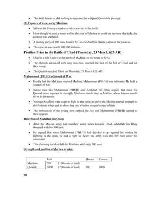• This raid, however, did nothing to appease the whipped Quraishite prestige.
(3) Capture of caravan by Muslims:
• Safwan bin Umayya tried to send a caravan to the north.
• Even though he used a route well to the east of Madina to avoid the western blockade, the
caravan was captured.
• A raiding party of 100 men, headed by Hazrat Zaid bin Harris, captured the caravan.
• The caravan was worth 100,000 dirhams.
Position Prior to the Battle of Uhad (Thursday, 23 March, 625 AD)
• Uhad is a hill 3 miles to the north of Madina, on the route to Syria.
• The Quraish advanced with easy marches, reached the foot of the hill of Uhad and set
their camp.
• The Quraish reached Uhad on Thursday, 21 March 625 AD.
Muhammad (PBUH)’s Council of War:
• Hardly had the Makkans reached Madina, Muhammad (PBUH) was informed. He held a
council of war.
• Senior men like Muhammad (PBUH) and Abdullah bin Obay argued that since the
Quraish were superior in strength, Muslims should stay in Madina, where houses would
serve as fortresses.
• Younger Muslims were eager to fight in the open, to prove the Muslim martial strength to
the Bedouin tribes and to show that one Muslim is equal to ten infidels.
• The enthusiasm of the young men carried the day and Muhammad (PBUH) agreed to
their appeals.
Desertion of Abdullah bin Obay:
• After the Muslim army had marched some miles towards Uhad, Abdullah bin Obay
deserted with his 300 men.
• He argued that since Muhammad (PBUH) had decided to go against his wishes by
fighting in the open, he had a right to desert the army with the 300 men under his
command.
• This alarming incident left the Muslims with only 700 men.
Strength and position of the two armies:
Men Horses Camels
Muslims 700 (100 coats of mail)
Quraish 3000 (700 coats of mail) 200 3000
90
 
