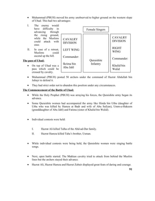 • Muhammad (PBUH) moved his army unobserved to higher ground on the western slope
of Uhad. This had two advantages:
I. The enemy would
have difficulty in
advancing through
the rising ground,
while the Muslims
could attack with
ease.
II. In case of a retreat,
Muslims could
ascend up the hill.
The pass of Uhad:
• On top of Uhad was a
pass which could be
crossed by cavalry.
• Muhammad (PBUH) posted 50 archers under the command of Hazrat Abdullah bin
Jubayr to defend it.
• They had strict order not to abandon this position under any circumstances.
The Commencement of the Battle of Uhad:
• While the Holy Prophet (PBUH) was arraying his forces, the Quraishite army began its
advance.
• Some Quraishite women had accompanied the army like Hinda bin Utba (daughter of
Utba who was killed by Hamza at Badr and wife of Abu Sufyan), Umm-e-Hakeem
(granddaughter of Abu Jahl) and Fatima (sister of Khalid bin Walid).
• Individual contests were held:
I. Hazrat Ali killed Talha of the Abd-ad-Dar family.
II. Hazrat Hamza killed Taha’s brother, Usman.
• While individual contests were being held, the Quraishite women were singing battle
songs.
• Next, open battle started. The Makkan cavalry tried to attack from behind the Muslim
lines but the archers stayed their advance.
• Hazrat Ali, Hazrat Hamza and Hazrat Zubair displayed great feats of daring and courage.
91
Female Singers
CAVALRY
DIVISION
LEFT WING
Commander:
Ikrima bin
Abu Jahl
Quraishite
Infantry
CAVALRY
DIVISION
RIGHT
WING
Commander:
Khalid bin
Walid
 