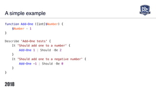 A simple example
function Add-One ([int]$Number) {
$Number + 1
}
Describe 'Add-One tests' {
It 'Should add one to a number' {
Add-One 1 | Should -Be 2
}
It 'Should add one to a negative number' {
Add-One -1 | Should -Be 0
}
}
 