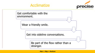Plan + Play + Perform
Acclimatize
Get comfortable with the
environment.
Wear a friendly smile.
Get into sideline conversations.
Be part of the flow rather than a
stranger.
 
