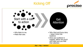 Plan + Play + Perform
Kicking Off
Start with a call
to action
• Why listen to me.
• Make that case.
Get
Attention
• Tell a fluid and funny story
– keep it short Get
Audience
• Once your audience is
trapped, deliver the punch
and make sure you hold
their attention
 