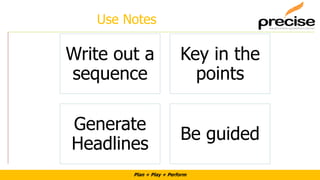 Plan + Play + Perform
Use Notes
Write out a
sequence
Key in the
points
Generate
Headlines
Be guided
 