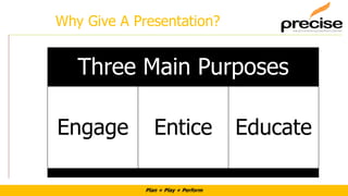 Plan + Play + Perform
Why Give A Presentation?
Three Main Purposes
Engage Entice Educate
 