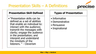 Plan + Play + Perform
Presentation Skills – A Definitions
Presentation Skill Defined
• “Presentation skills can be
defined as a set of abilities
that enable an individual to:
interact with the audience;
transmit the messages with
clarity; engage the audience
in the presentation; and
interpret and understand
the mindsets of the
listeners. “ - Cleverism
Types of Presentation
• Informative
• Demonstrative
• Persuasive
• Inspirational
 