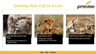 Plan + Play + Perform
Growing from Cub to a Lion
Learning the way of the
Pride
•Acquisition of knowledge on a
subject matter
Learning to hunt
•Testing your insights
•Validating your information
Learning to feast on a prey
•Overcoming fright and Anxiety
 