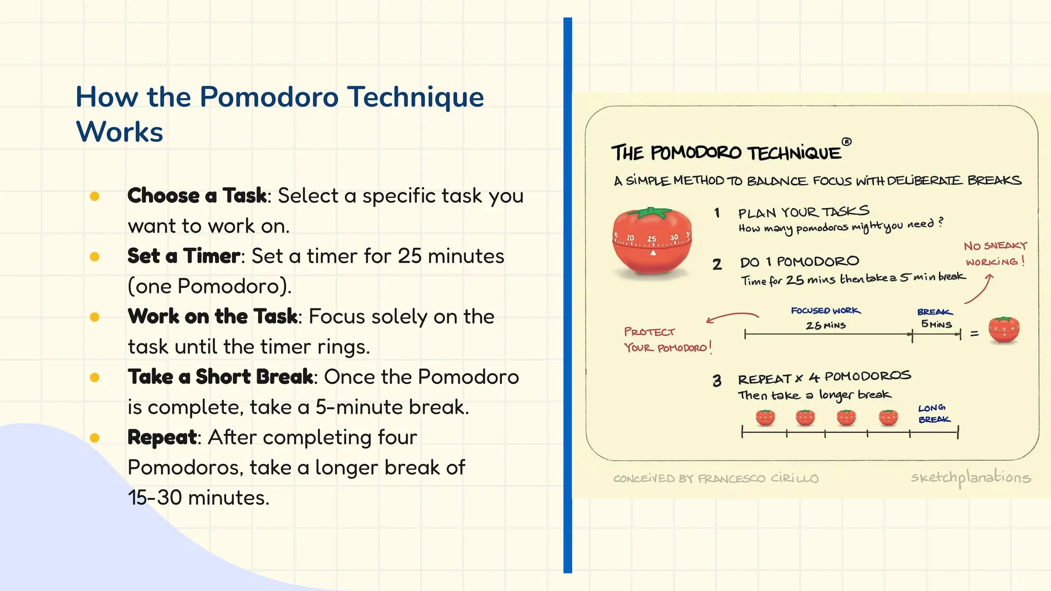 How the Pomodoro Technique
Works
● Choose a Task: Select a specific task you
want to work on.
● Set a Timer: Set a timer for 25 minutes
(one Pomodoro).
● Work on the Task: Focus solely on the
task until the timer rings.
● Take a Short Break: Once the Pomodoro
is complete, take a 5-minute break.
● Repeat: After completing four
Pomodoros, take a longer break of
15-30 minutes.
 