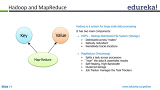 Slide 14 www.edureka.co/python
Hadoop and MapReduce
Hadoop is a system for large scale data processing
It has two main components:
 HDFS – Hadoop Distributed File System (Storage)
» Distributed across “nodes”
» Natively redundant
» NameNode tracks locations
 MapReduce (Processing)
» Splits a task across processors
» “near” the data & assembles results
» Self-Healing, High Bandwidth
» Clustered storage
» Job Tracker manages the Task Trackers
Map-Reduce
Key Value
 