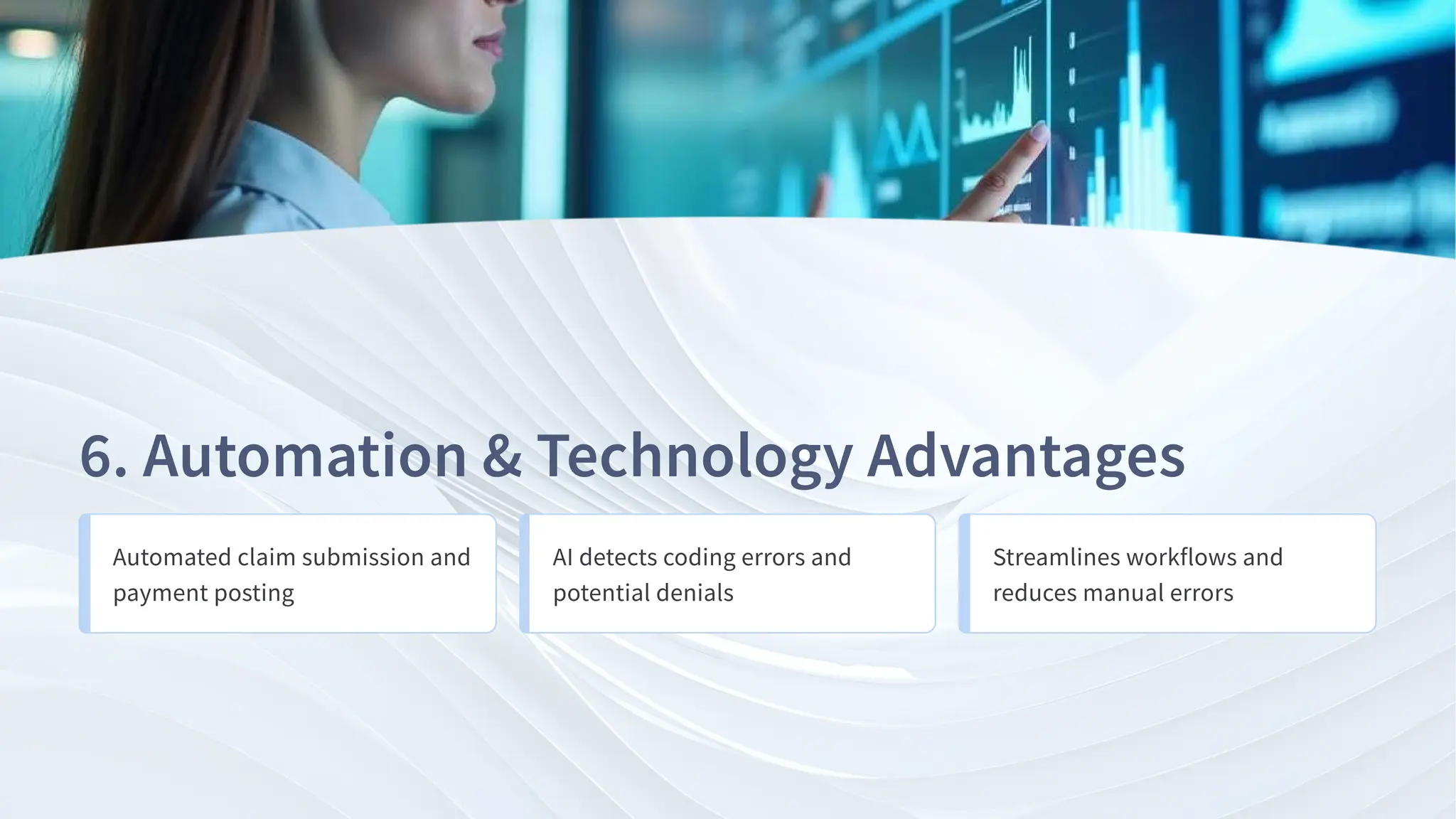 . Automation & Technology Advantages
Automated claim submission and
payment posting
AI detects coding errors and
potential denials
Streamlines workflows and
reduces manual errors
 