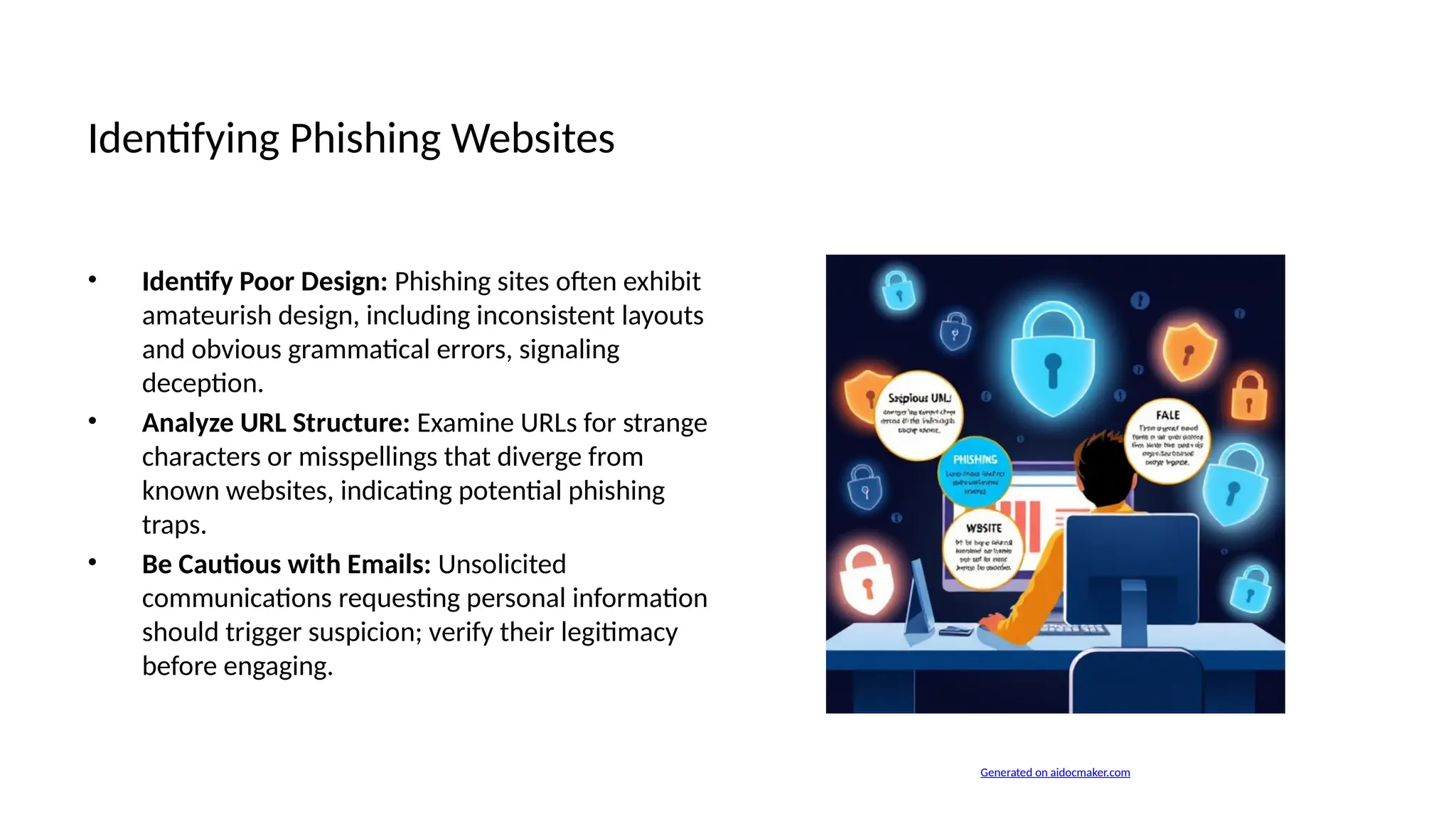Identifying Phishing Websites
• Identify Poor Design: Phishing sites often exhibit
amateurish design, including inconsistent layouts
and obvious grammatical errors, signaling
deception.
• Analyze URL Structure: Examine URLs for strange
characters or misspellings that diverge from
known websites, indicating potential phishing
traps.
• Be Cautious with Emails: Unsolicited
communications requesting personal information
should trigger suspicion; verify their legitimacy
before engaging.
Generated on aidocmaker.com
 