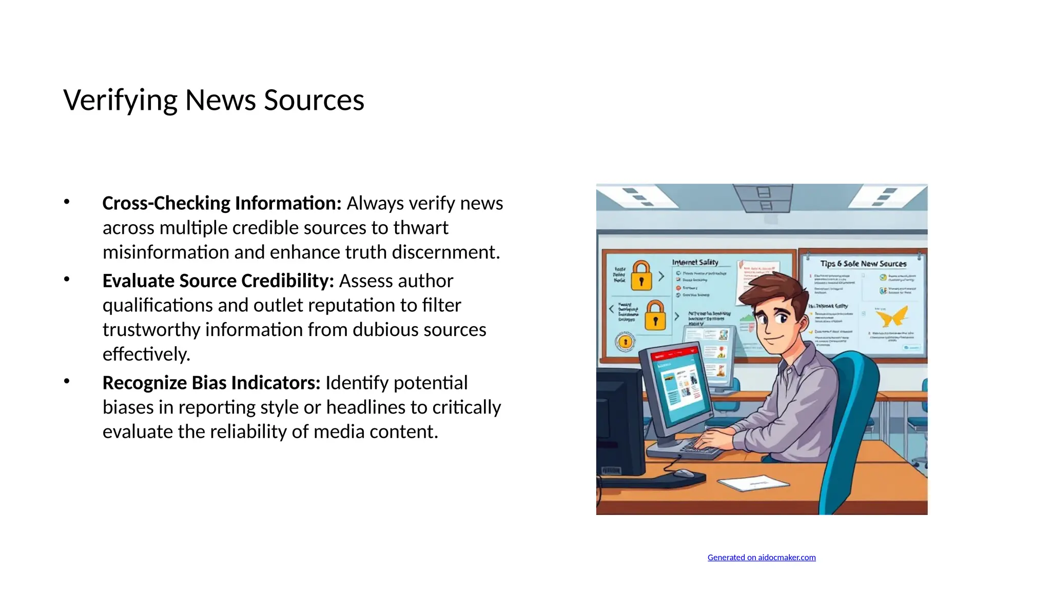 Verifying News Sources
• Cross-Checking Information: Always verify news
across multiple credible sources to thwart
misinformation and enhance truth discernment.
• Evaluate Source Credibility: Assess author
qualifications and outlet reputation to filter
trustworthy information from dubious sources
effectively.
• Recognize Bias Indicators: Identify potential
biases in reporting style or headlines to critically
evaluate the reliability of media content.
Generated on aidocmaker.com
 